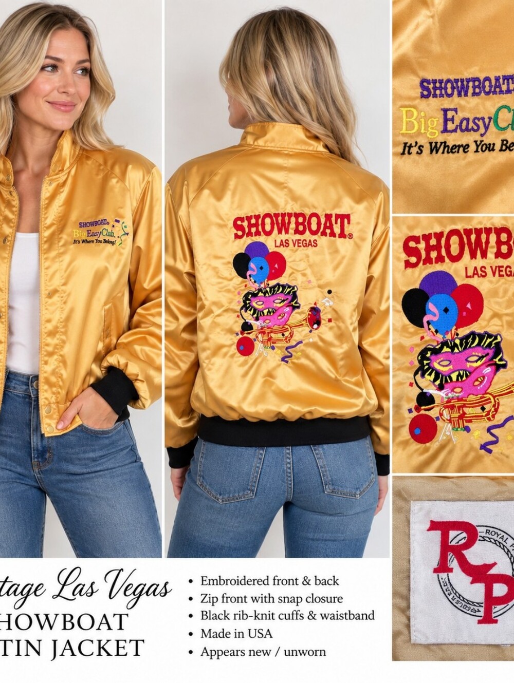 Vintage Showboat Las Vegas Unisex S Gold Satin Bomber Jacket USA Big Easy Club
